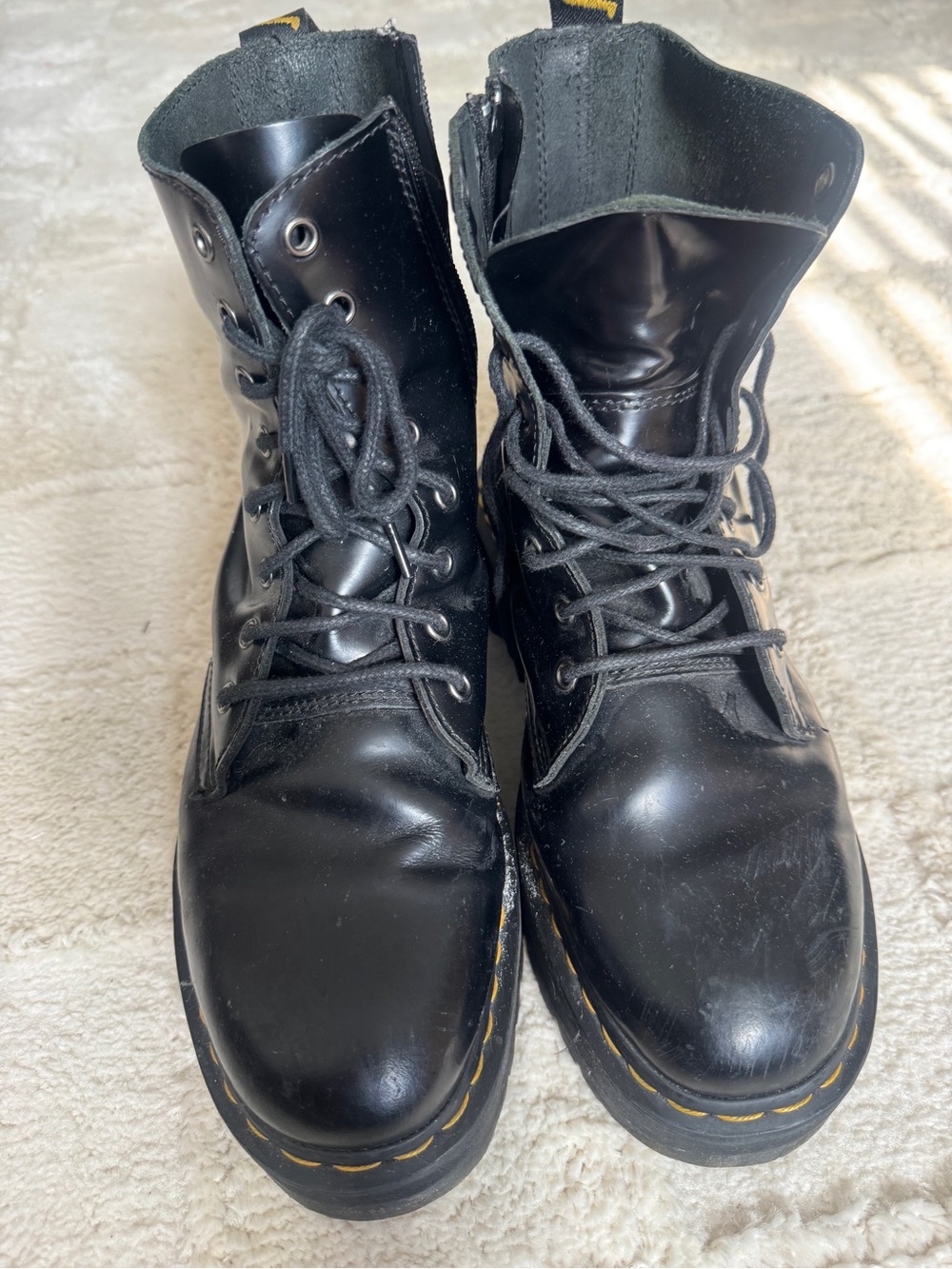 Dr. Martens Black Leather Lace-Up Combat Boots with Yellow Stitching